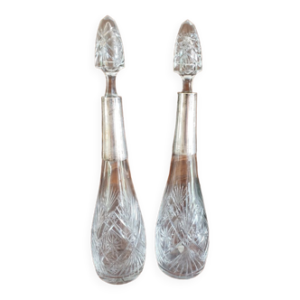 Pair of crystal and metal decanters