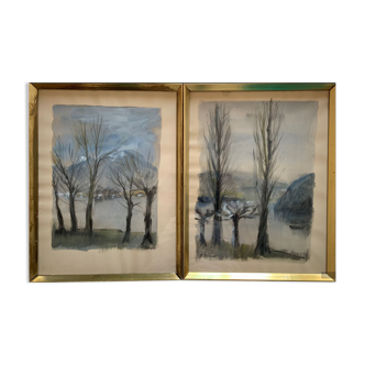 Dyptic watercolors Jean Pierre Remon Bay of Talloires in winter