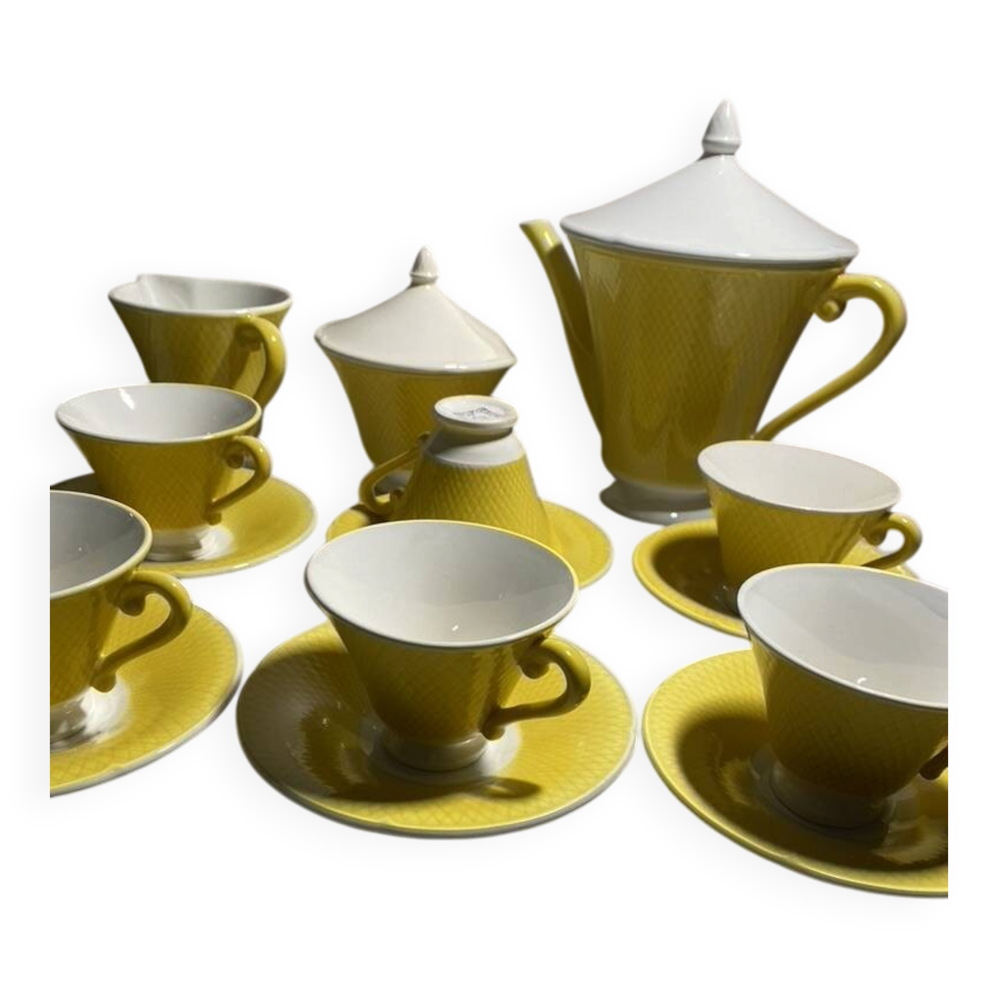 Service à café / thé vintage en porcelaine jaune safran – Salins France – 1