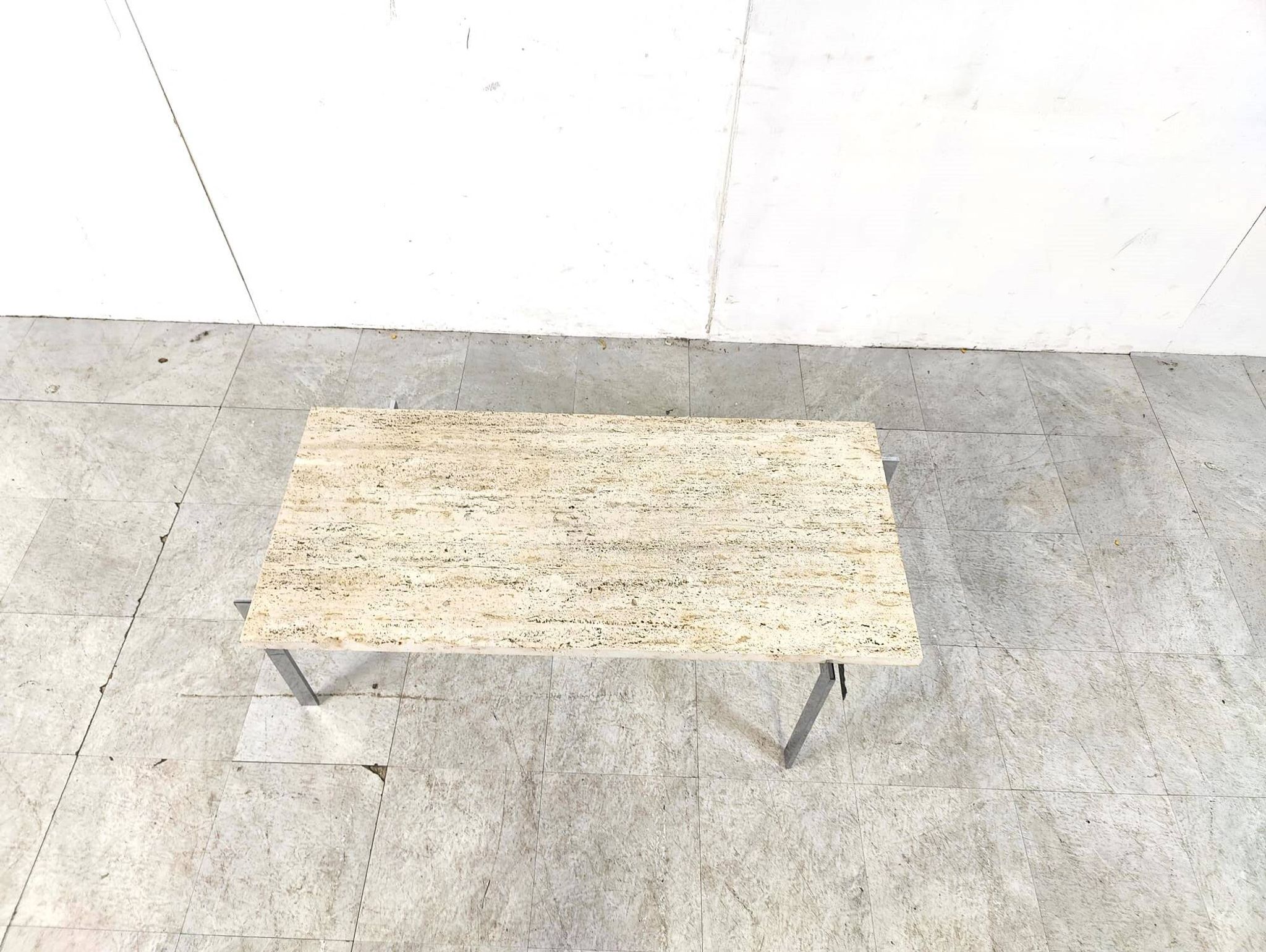 Table basse vintage en travertin et chrome, années 1970