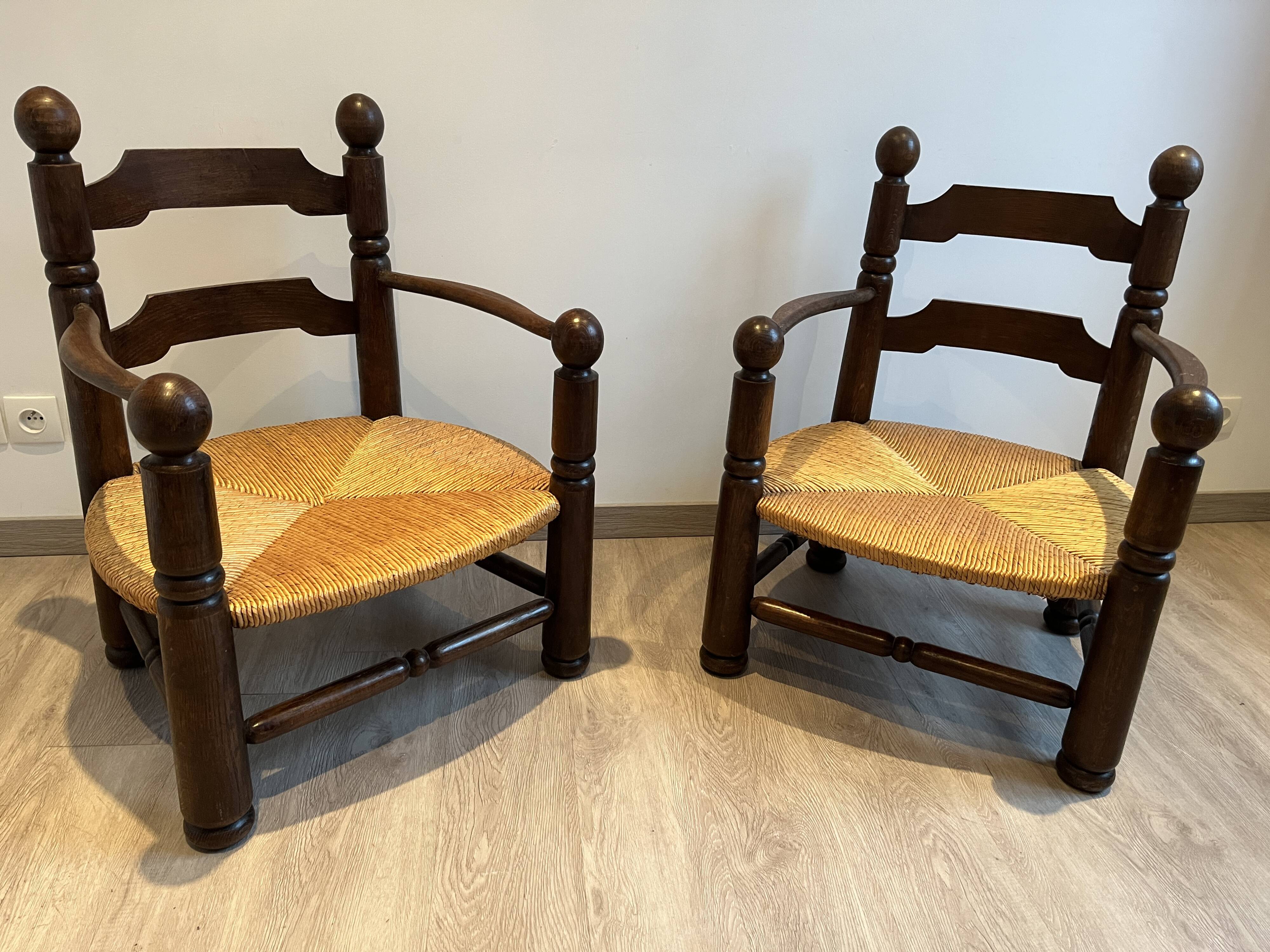 Fauteuil bois et paille Charles Dudouyt