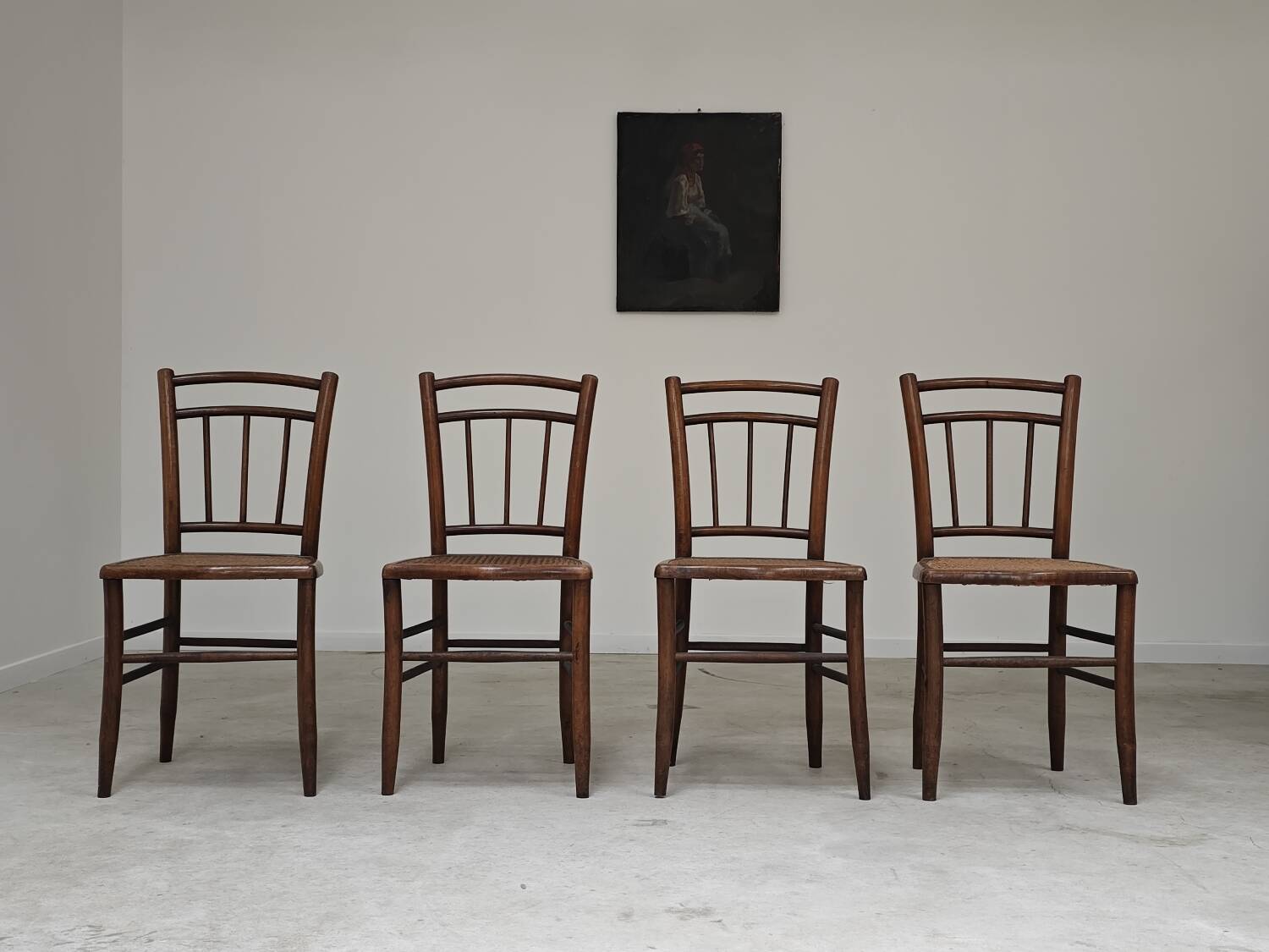 Set of 4 old Thonet style cane bistro chairs from the 1930s