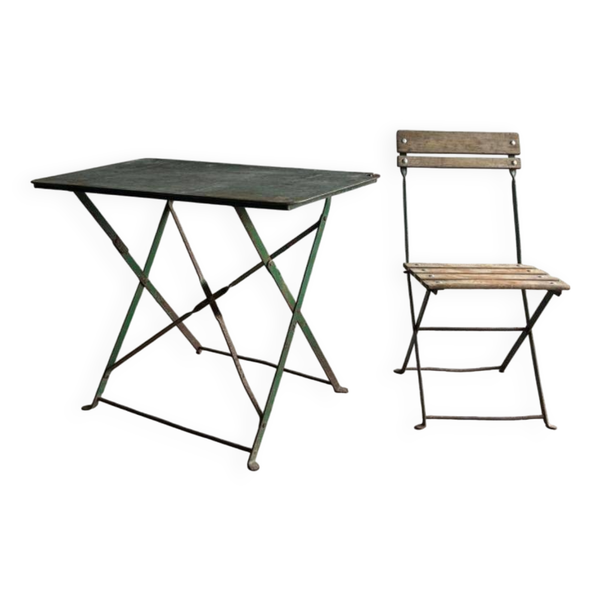 Vintage 1930 brewery terrace table with green metal and wooden folding chair