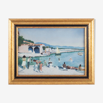 Gouache, beach scene in Sausset-les-Pins, by M Cauvin, dated 12.12.1954