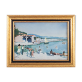 Gouache, beach scene in Sausset-les-Pins, by M Cauvin, dated 12.12.1954