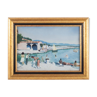 Gouache, beach scene in Sausset-les-Pins, by M Cauvin, dated 12.12.1954