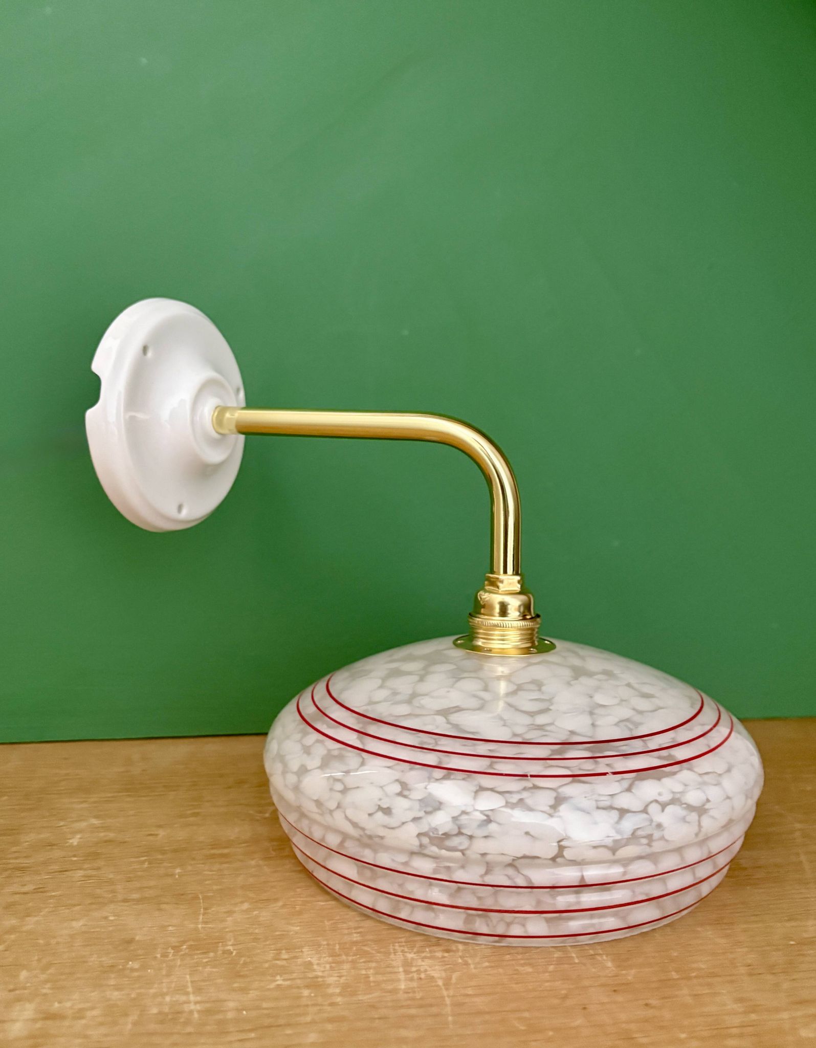 Vintage angled wall lamp with white clichy glass shade and red edging