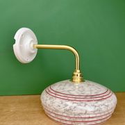 Vintage angled wall lamp with white clichy glass shade and red edging