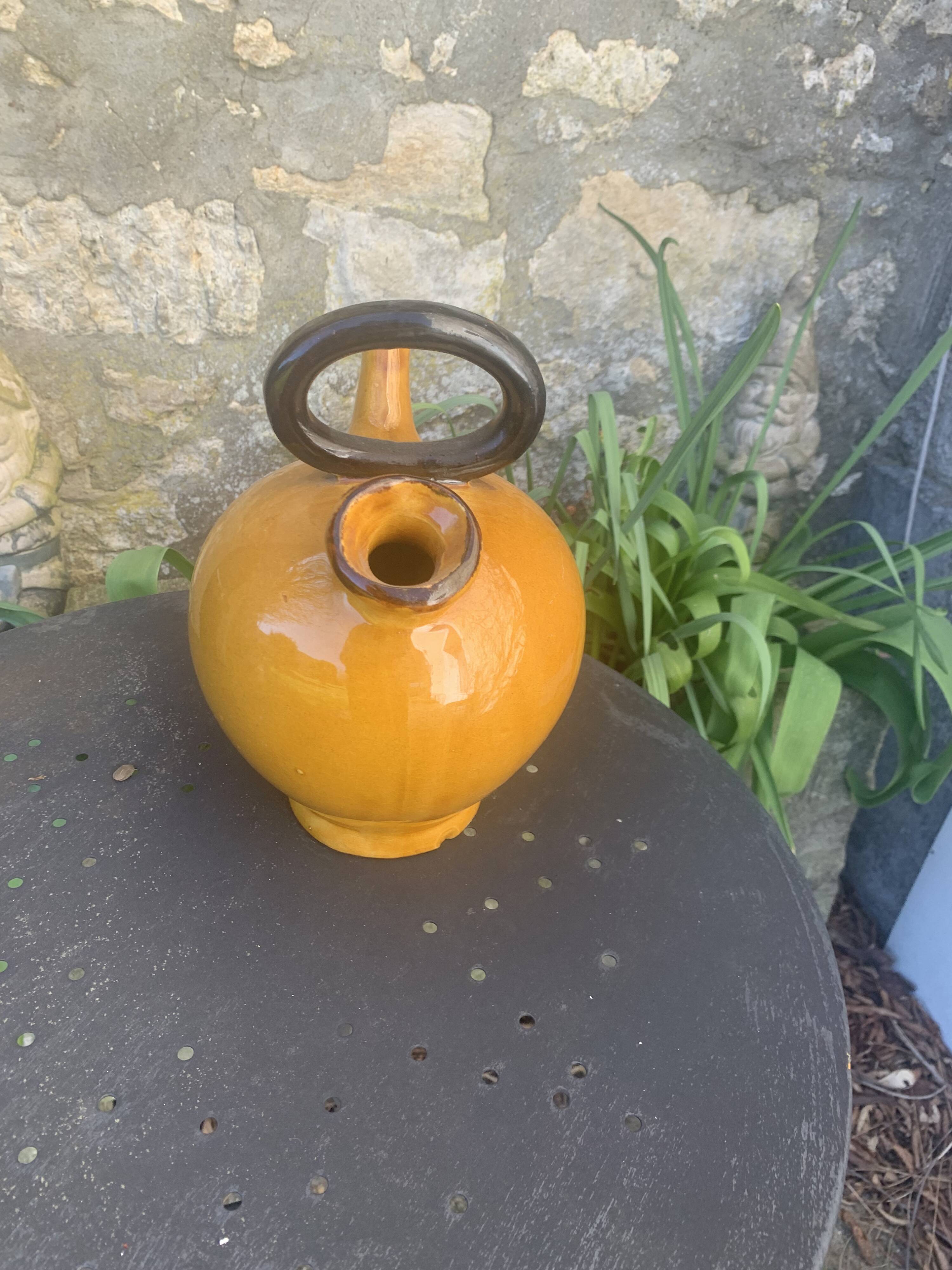Gargoulette, Provençal jug in enamelled ceramic, vintage ochre color