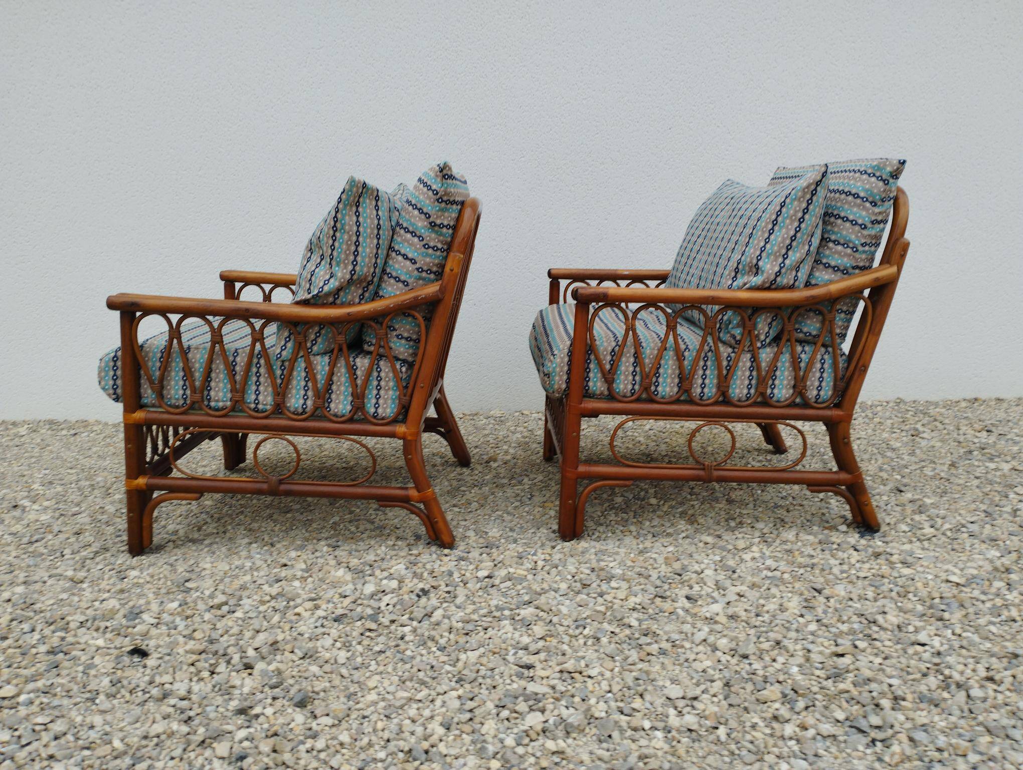 Pair of glacier blue rattan armchairs French Riviera vintage ép