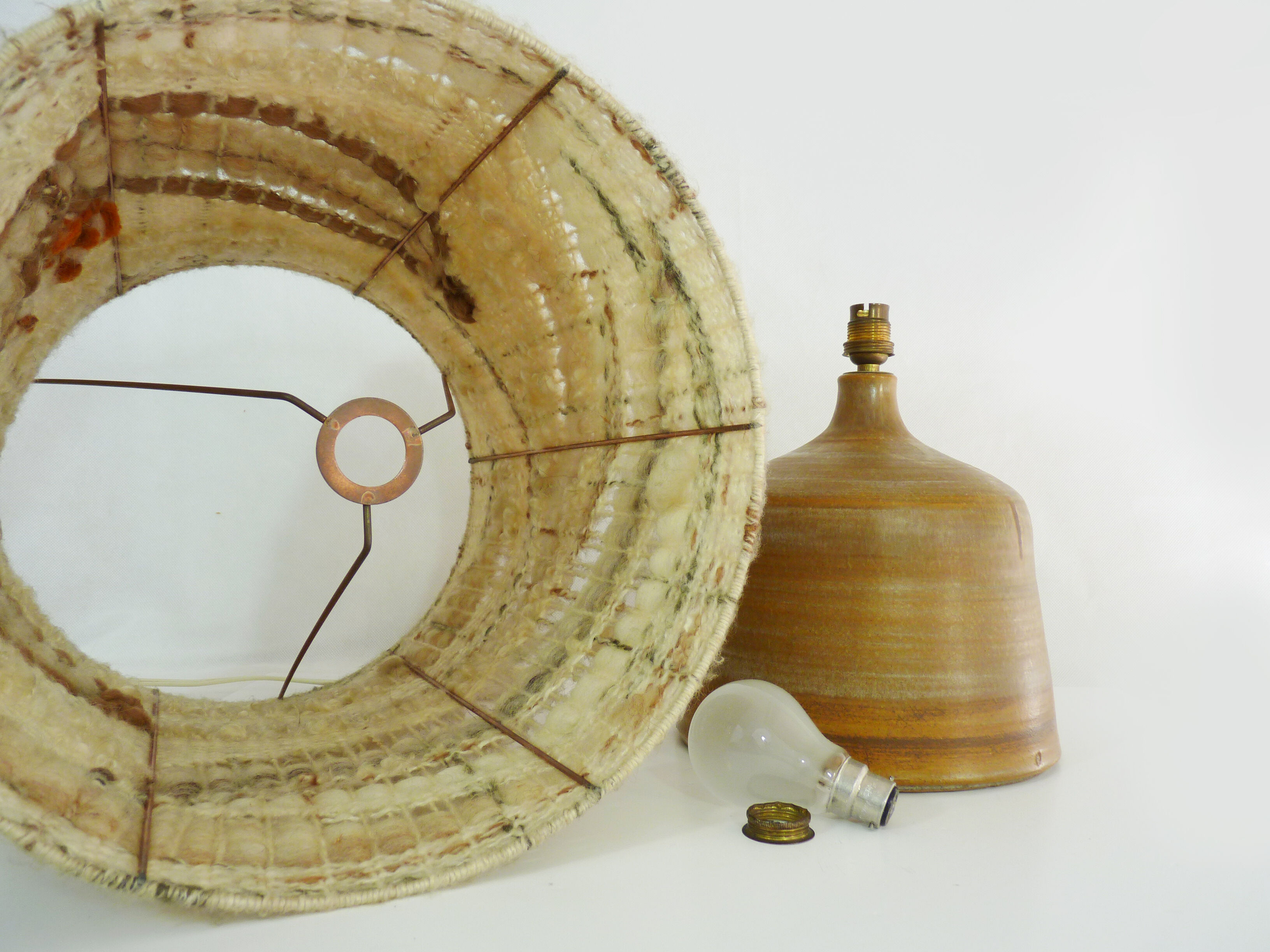 Vintage stoneware lamp and wool lampshade, year 60