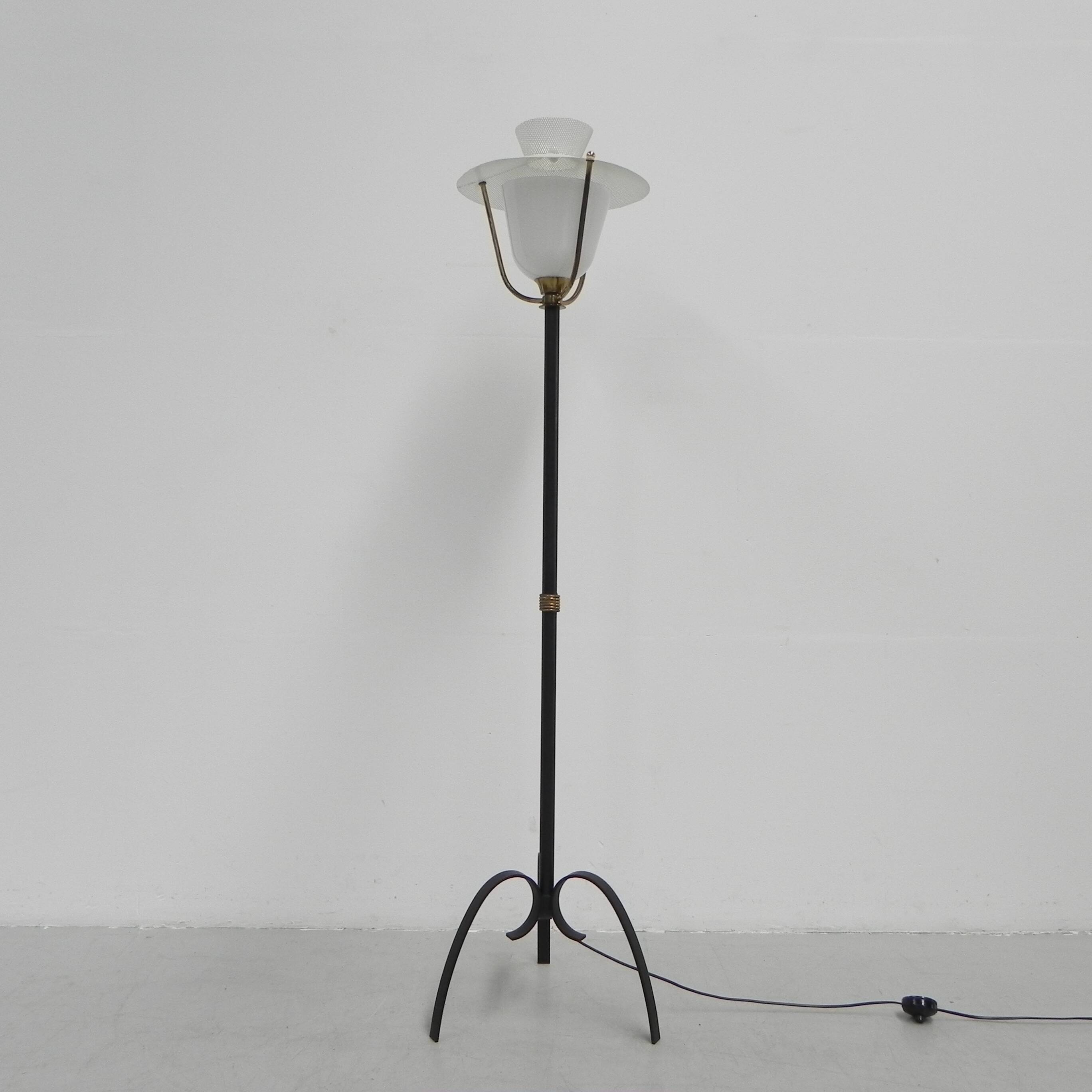 Standing vintage lamp with glass shade and perforated steel shade