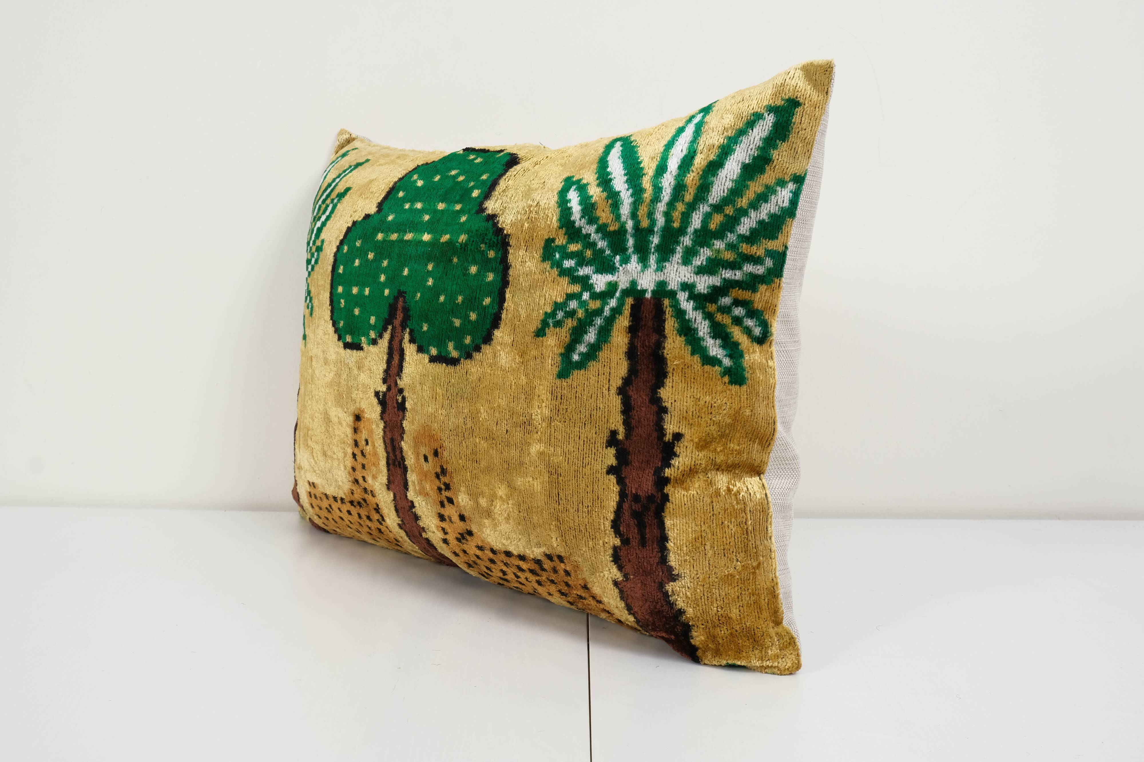 Tiger design ikat velvet pillow, silk lumbar cushion cover, animal lumbar pillows, tree and palm de