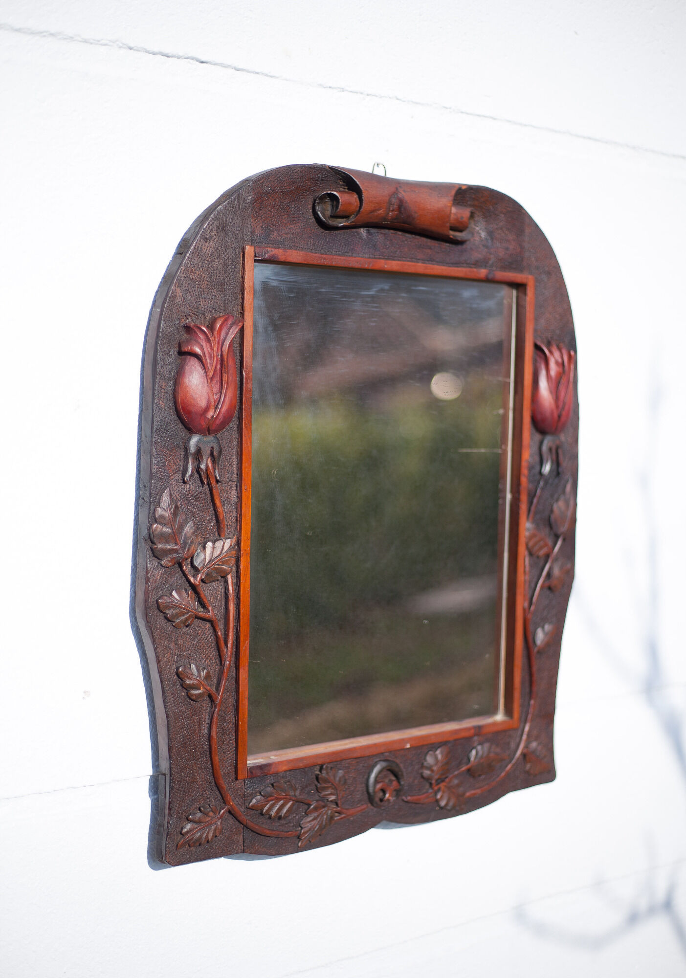 Antique wood mirror, art deco mirror, carved wood mirror tulip patterns, wall mirror, art deco