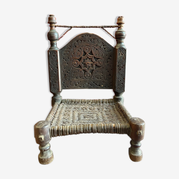 Pakistan Old Swat Valley Carved walnut wood low chair woven leather seat