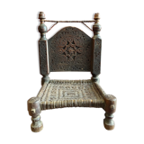 Pakistan Old Swat Valley Carved walnut wood low chair woven leather seat