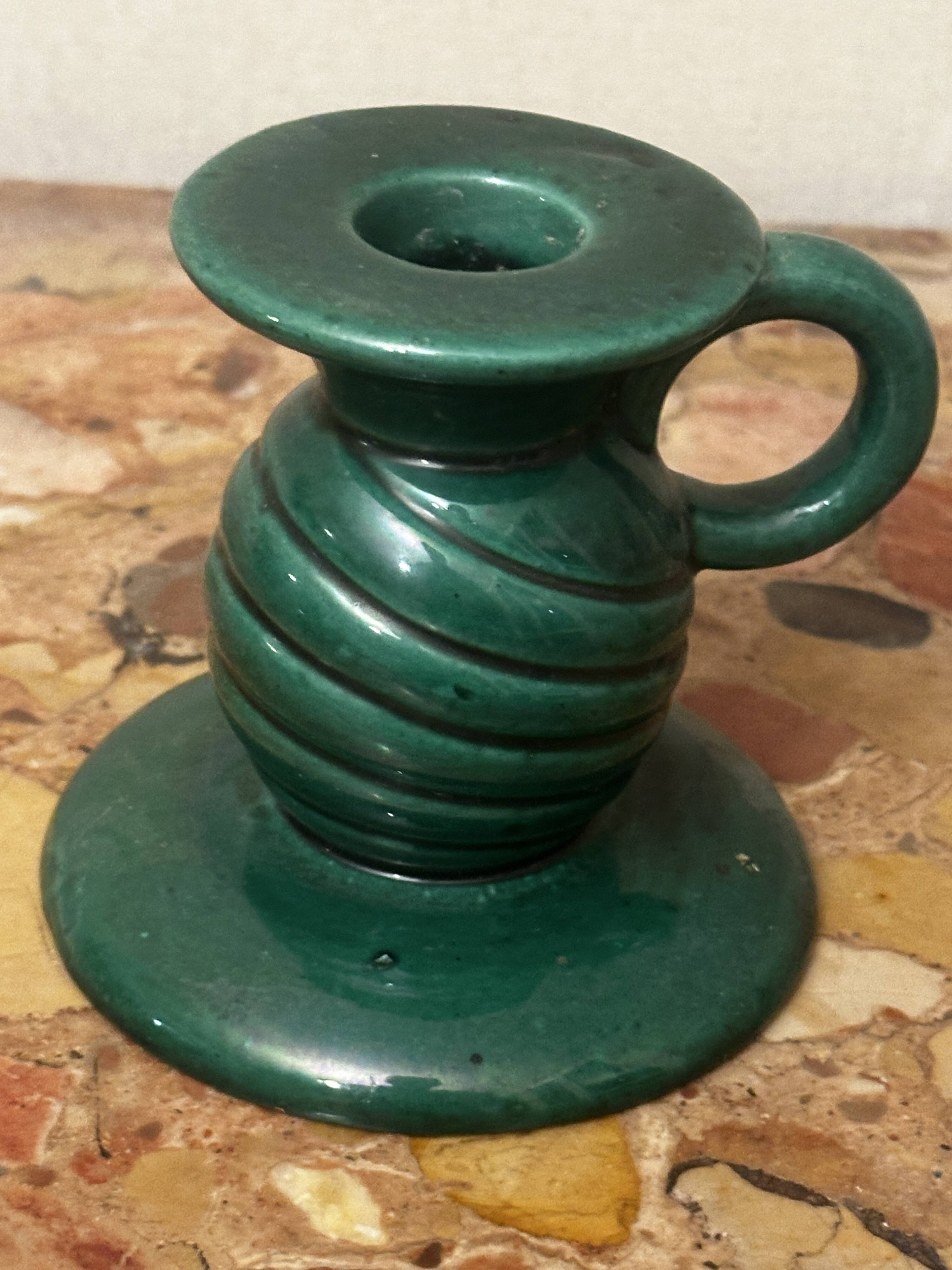 Saint-Clément green ceramic candlestick, 1950s