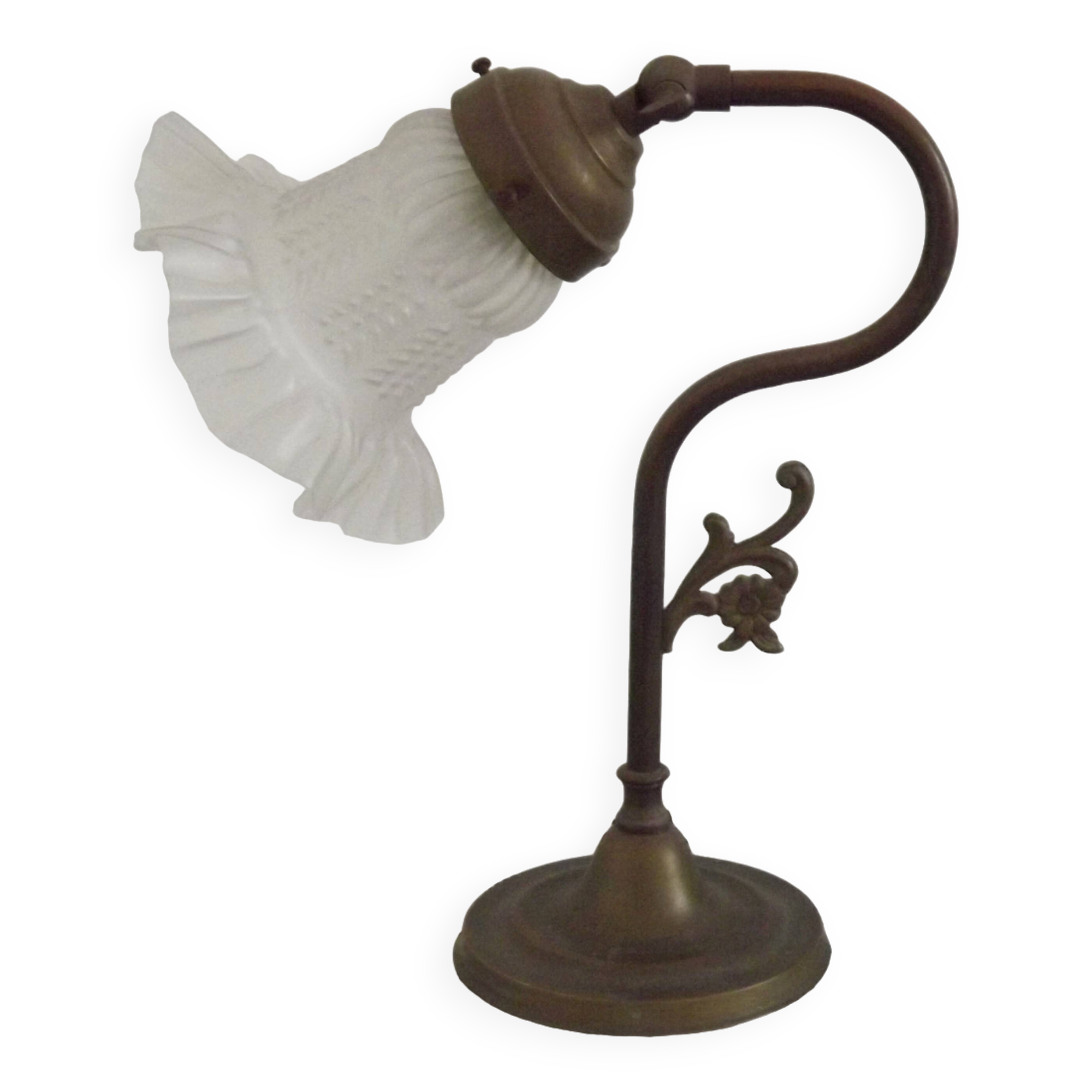 Vintage French Brass Anglepoise Table Lamp with Opaque Patterned Glass Shade 5087