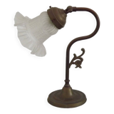 Vintage French Brass Anglepoise Table Lamp With Opaque Patterned Glass Shade 5087