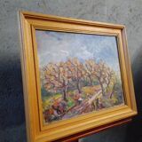 Tableau huile sur toile "Ramasseurs de châtaignes" Louis Combalot