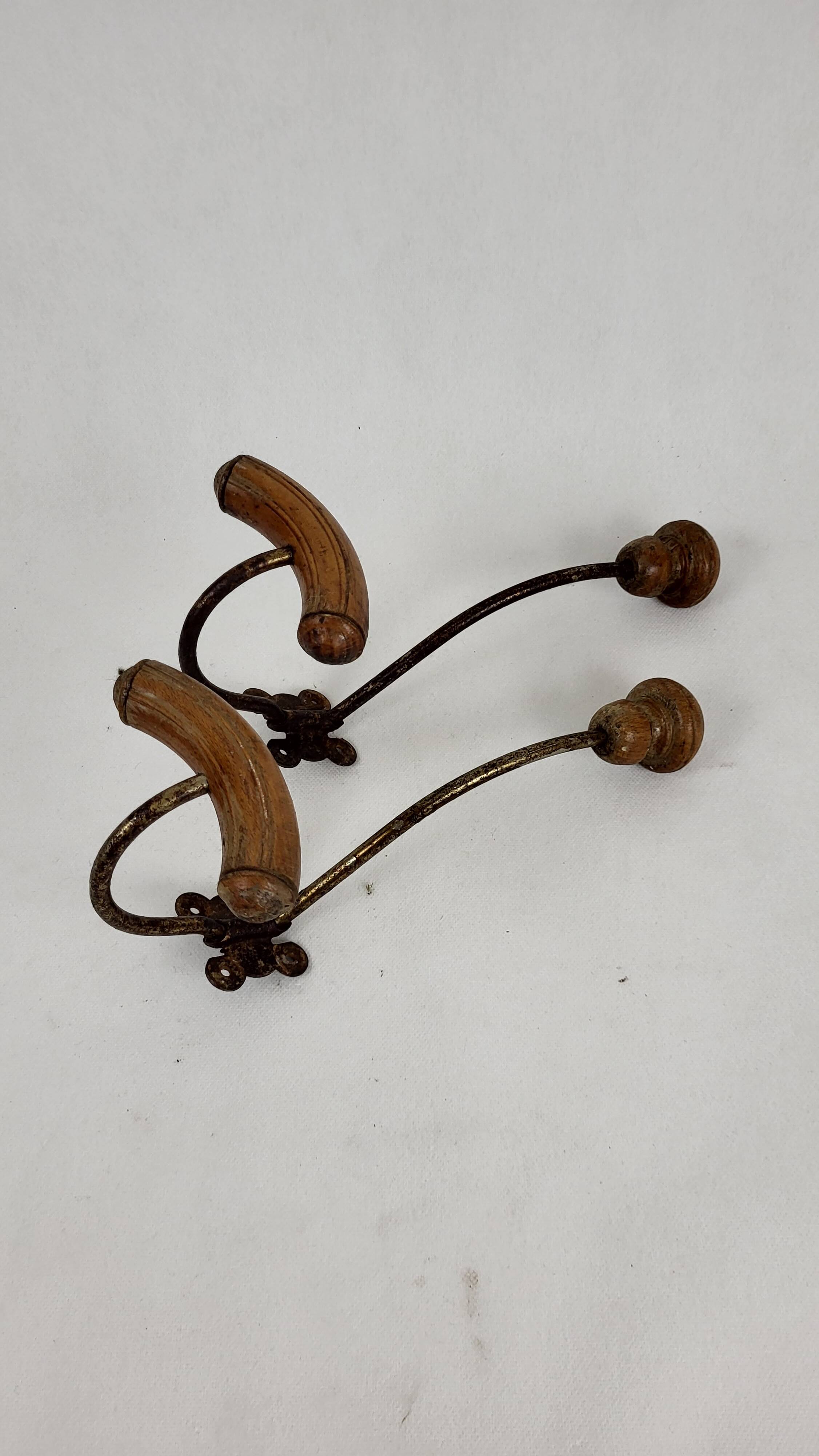 2 wooden & metal coat hooks 1900