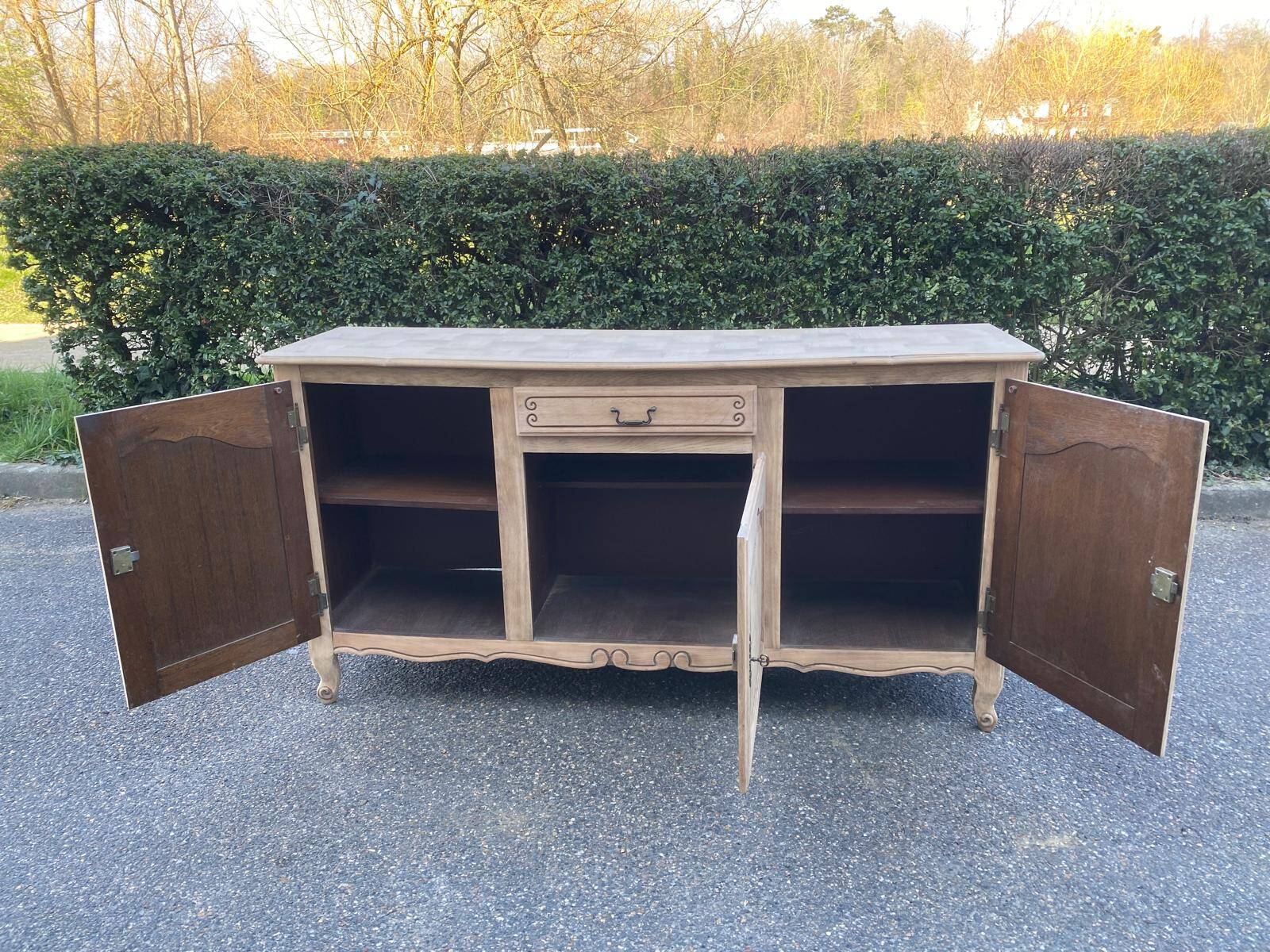 Louis XV sideboard renovated in raw oak and marquetry 3 doors 180cm