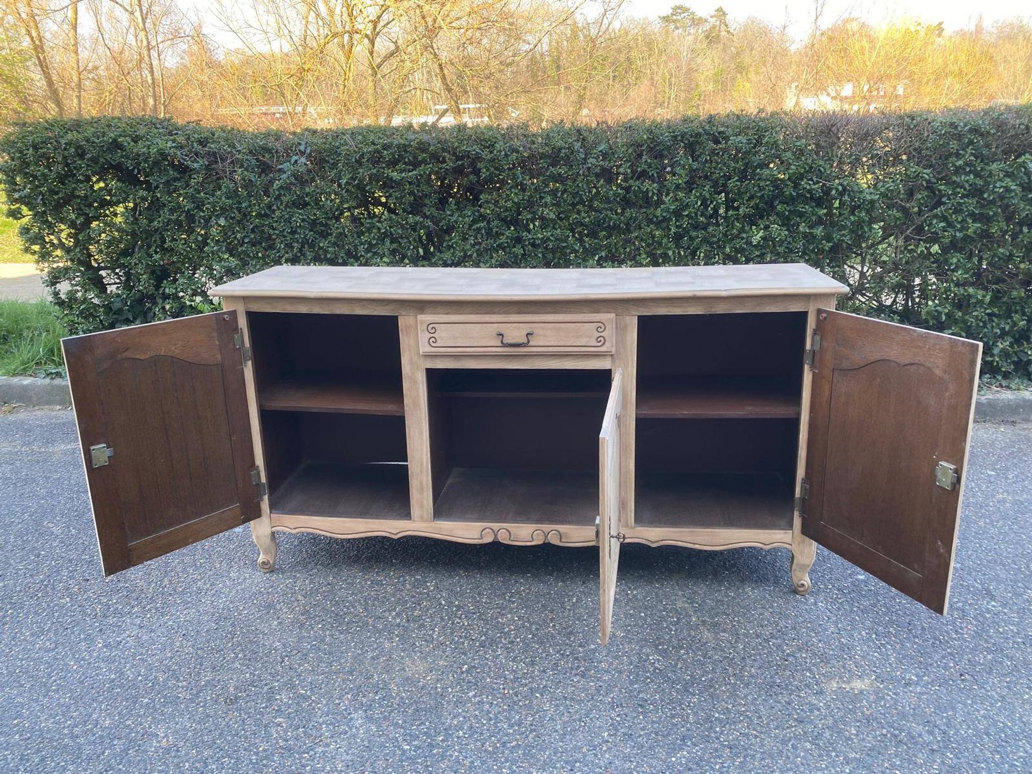 Louis XV sideboard renovated in raw oak and marquetry 3 doors 180cm