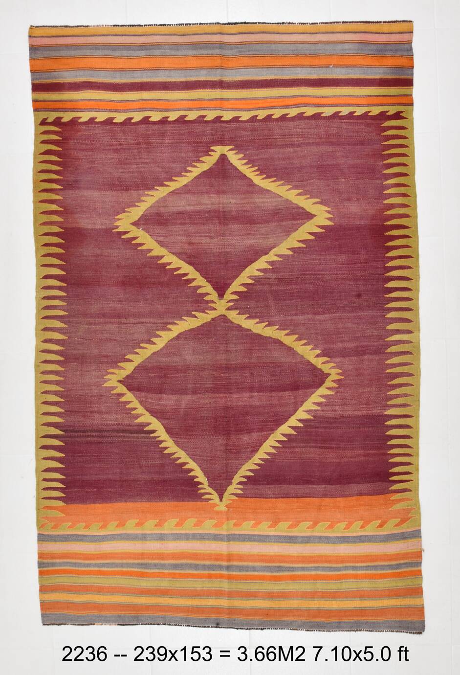 Wine Red & Orange Mid Century Modern Wool Kilim Rug, 153x239 Cm
