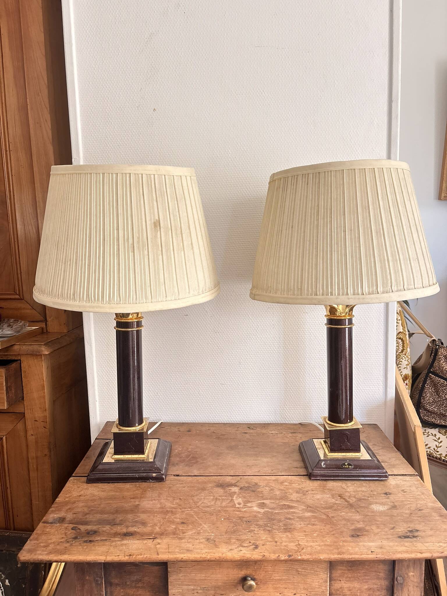 Pair of Neo-Classical Burgundy Lamps with Jansen Style Shades, Chic Le Dauphin