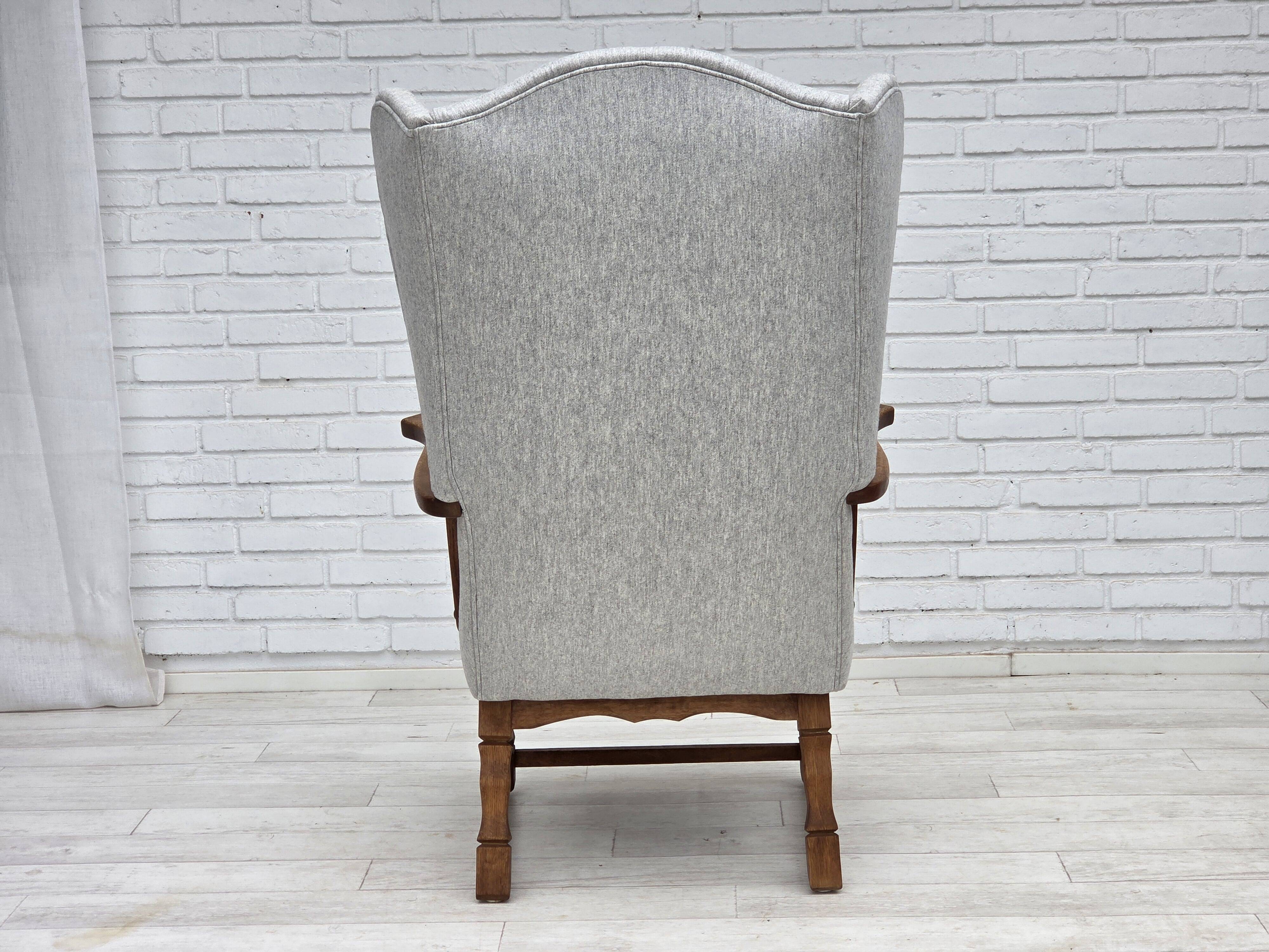 1950s, Danish high-backed armchair, reupholstered, wool, oak wood.