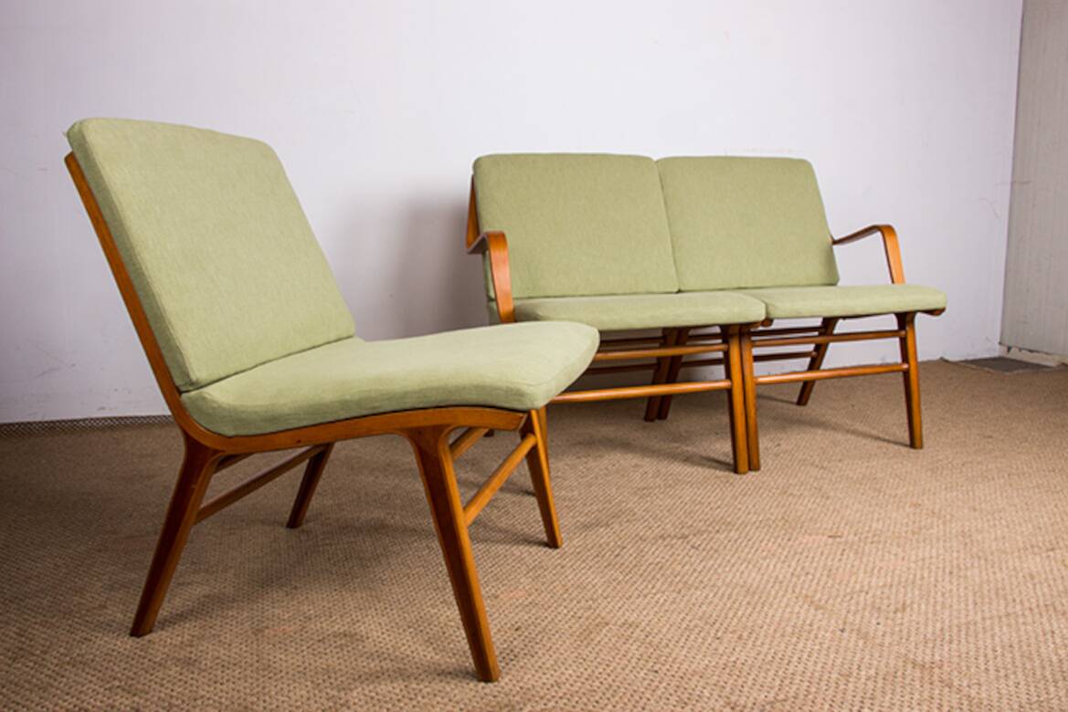 Danish 3-seater sofa in laminated beech and mahogany model AX by Peter Hvidt and Orla Molgaard-Nielsen for Fritz Hansen 1960