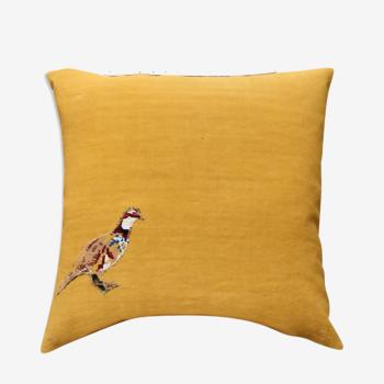 Coussin upcyclé « ;la perdrix » jaune - 60x60 cm