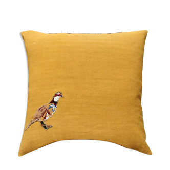 Yellow "partridge" upcycled cushion - 60x60 cm - linen & canvas