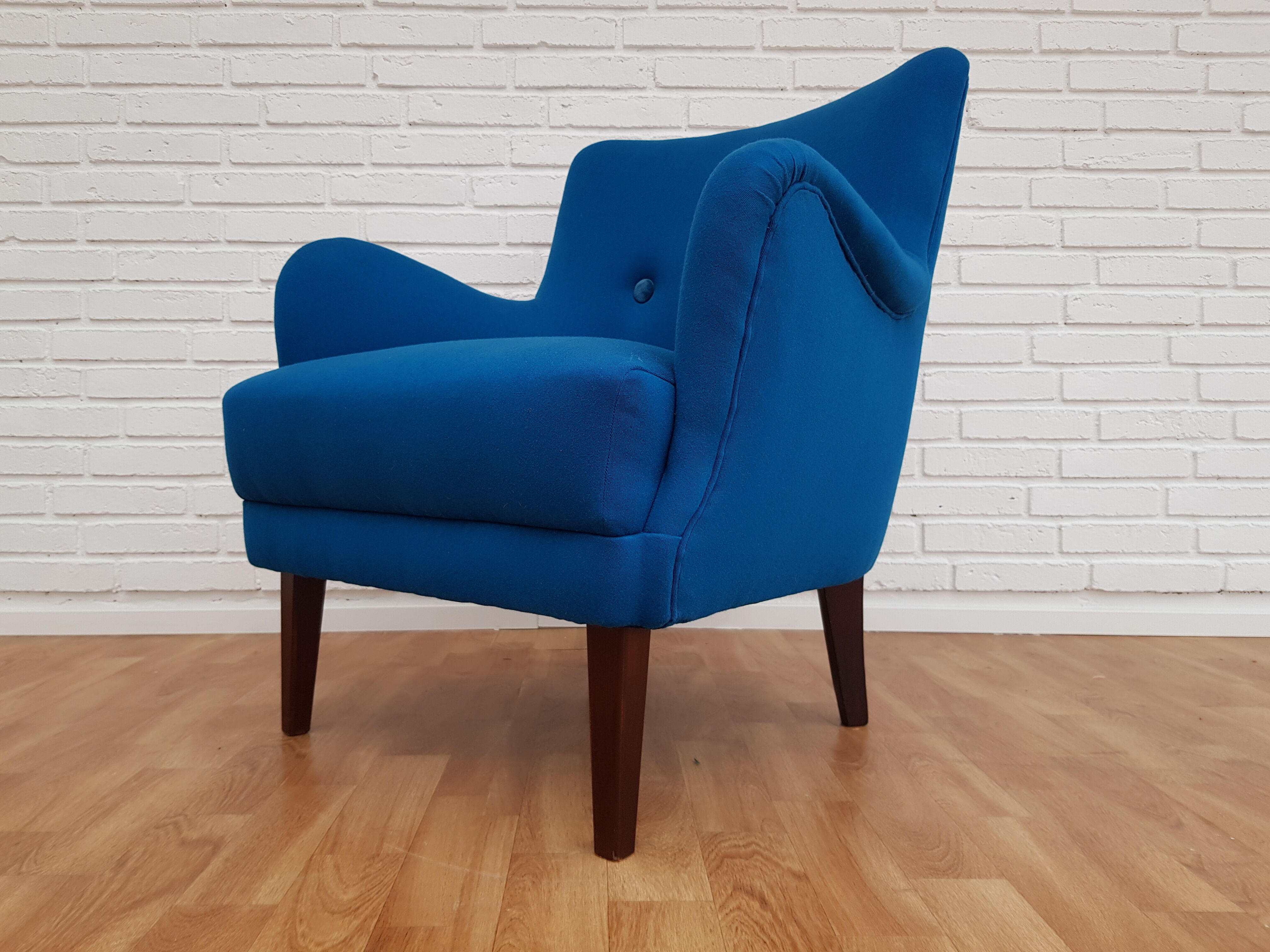 Danish designed armchair, wool, beech, completely renovated