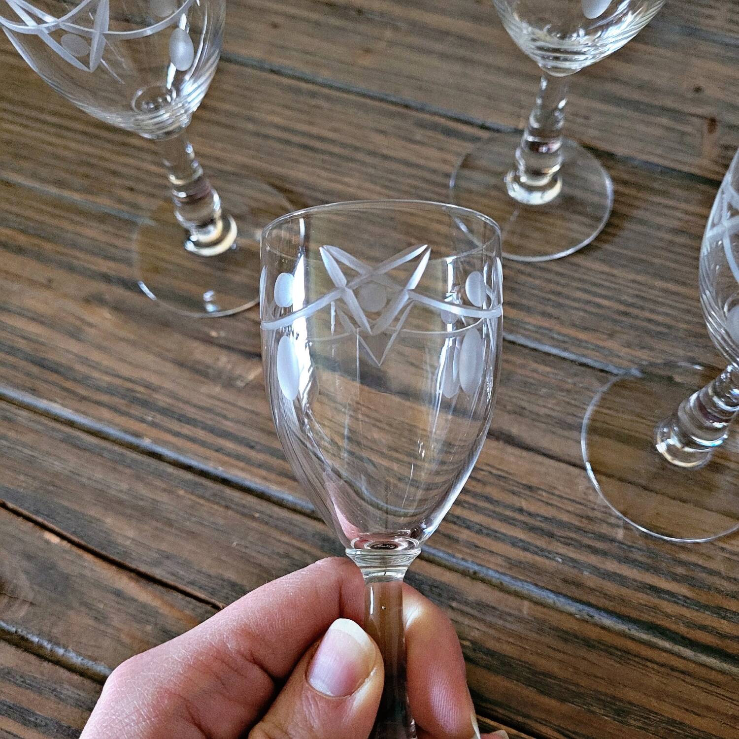 Antique liqueur (digestif) glasses in engraved crystal, geometric decoration