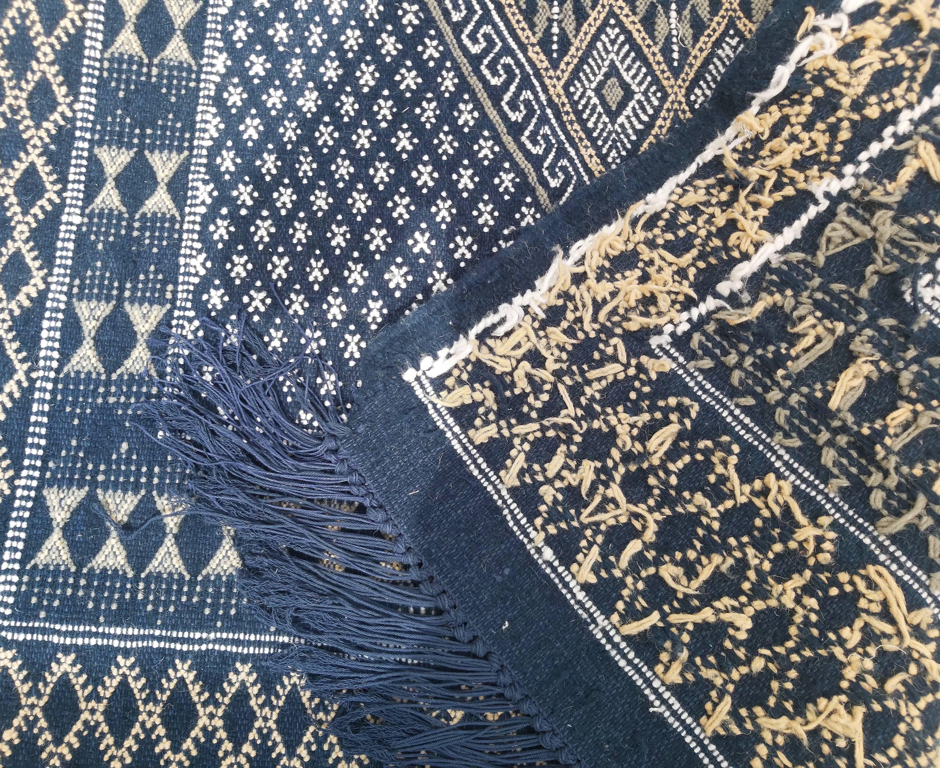 Hand-woven blue carpet in pure wool