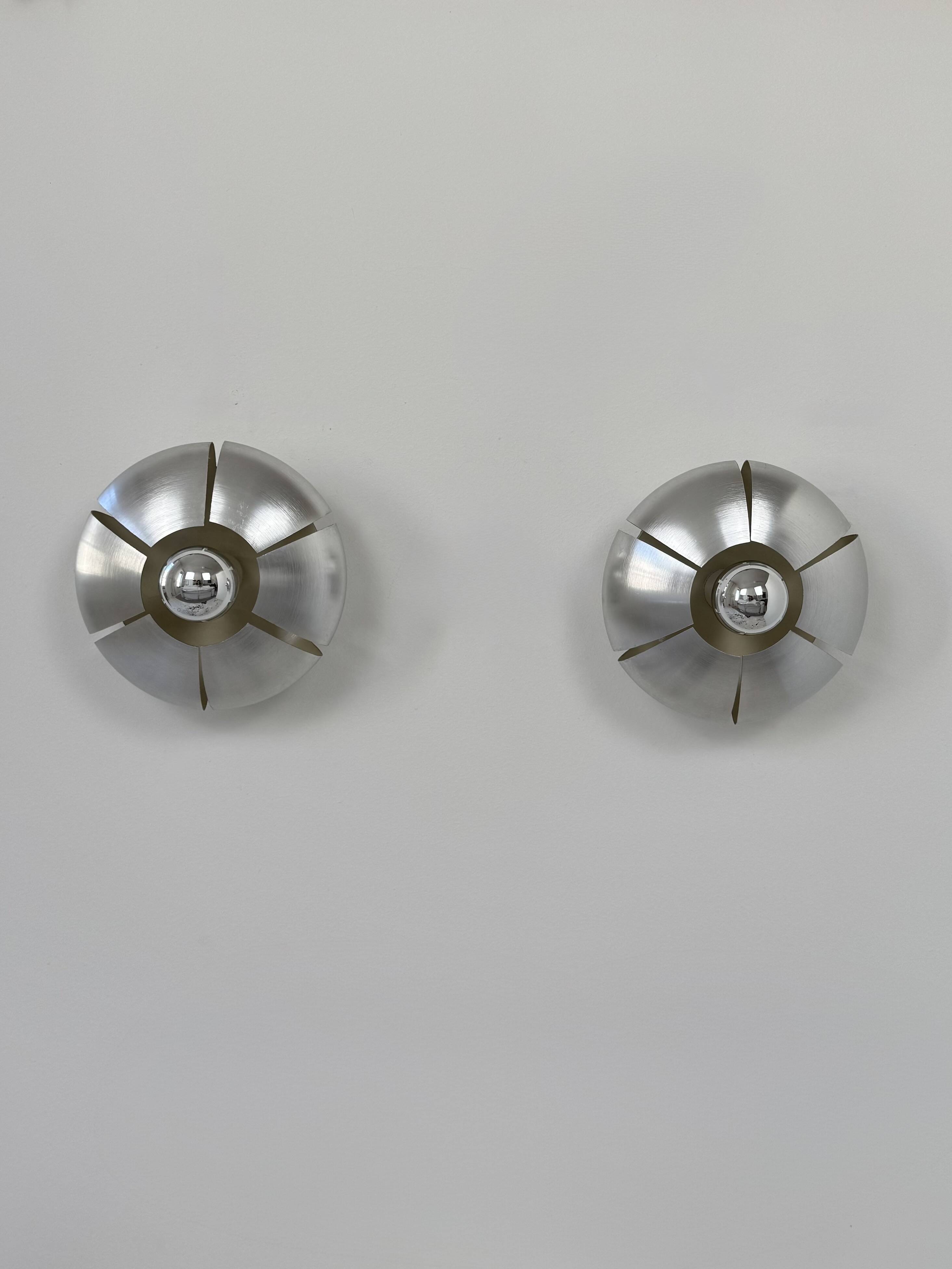 Pair of vintage wall lights, brushed aluminium, France, 1970.