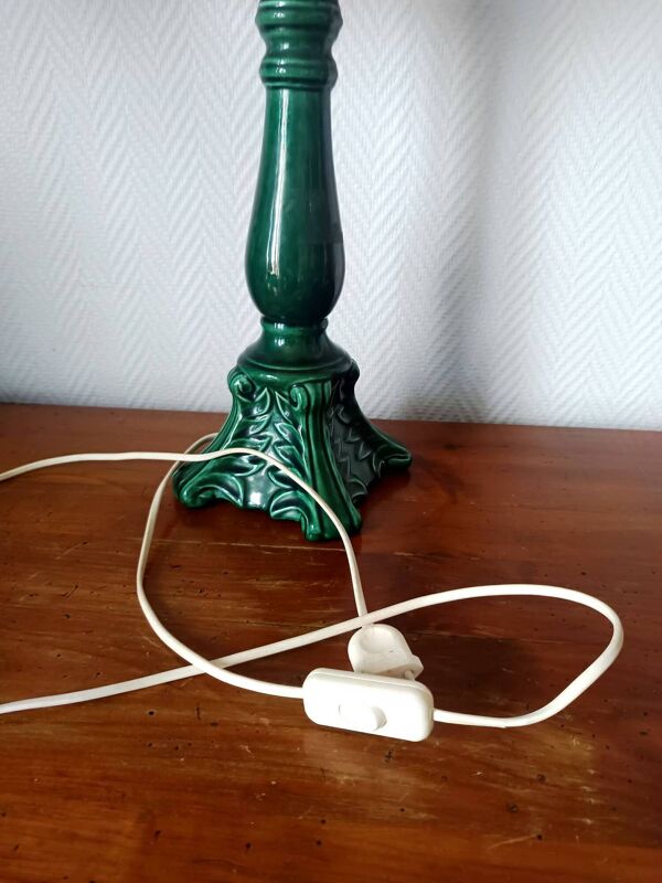 Lampe céramique verte vintage et abat-jour sur mesure