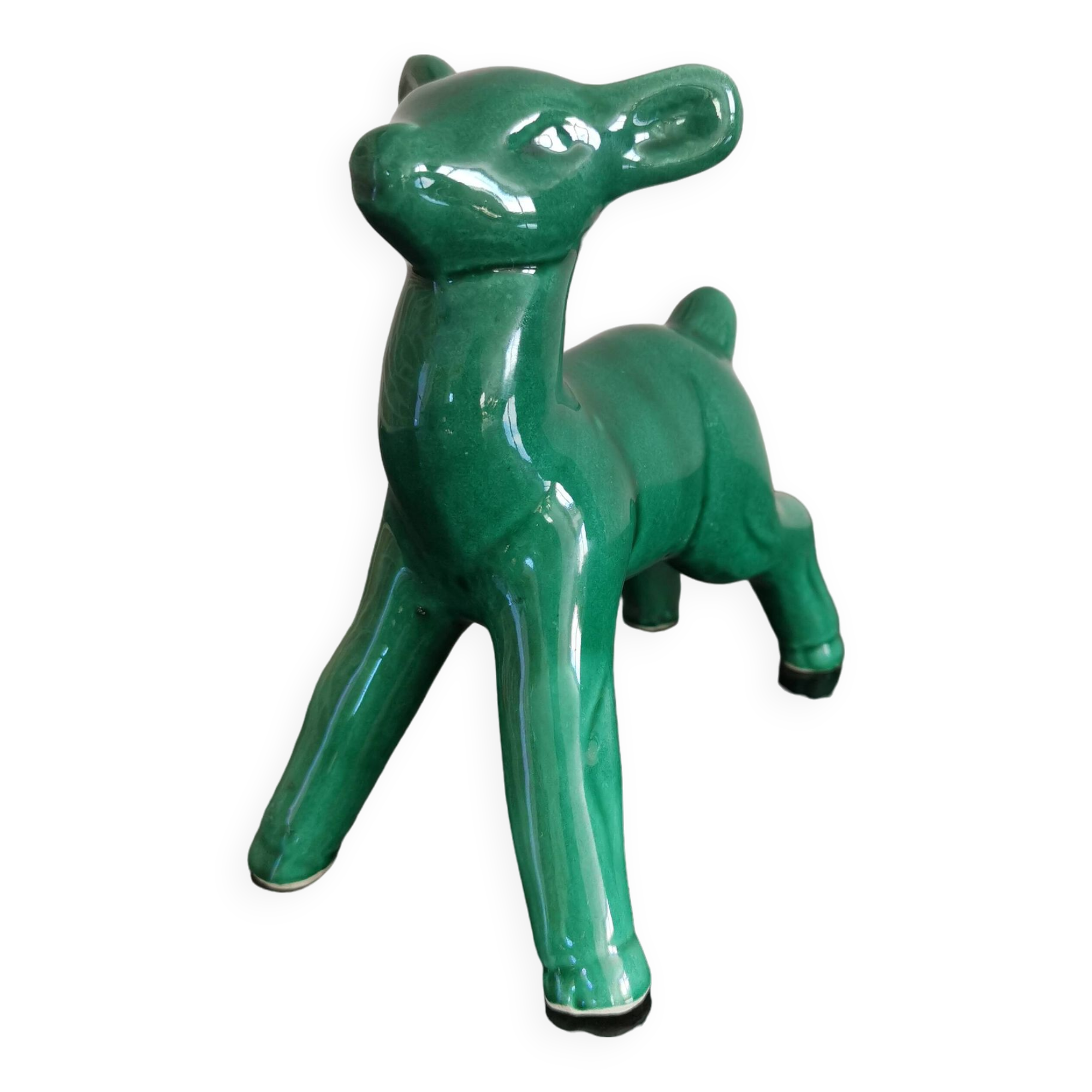Vintage art deco green earthenware doe from the 60s