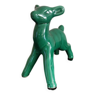 Vintage art deco green earthenware doe from the 60s