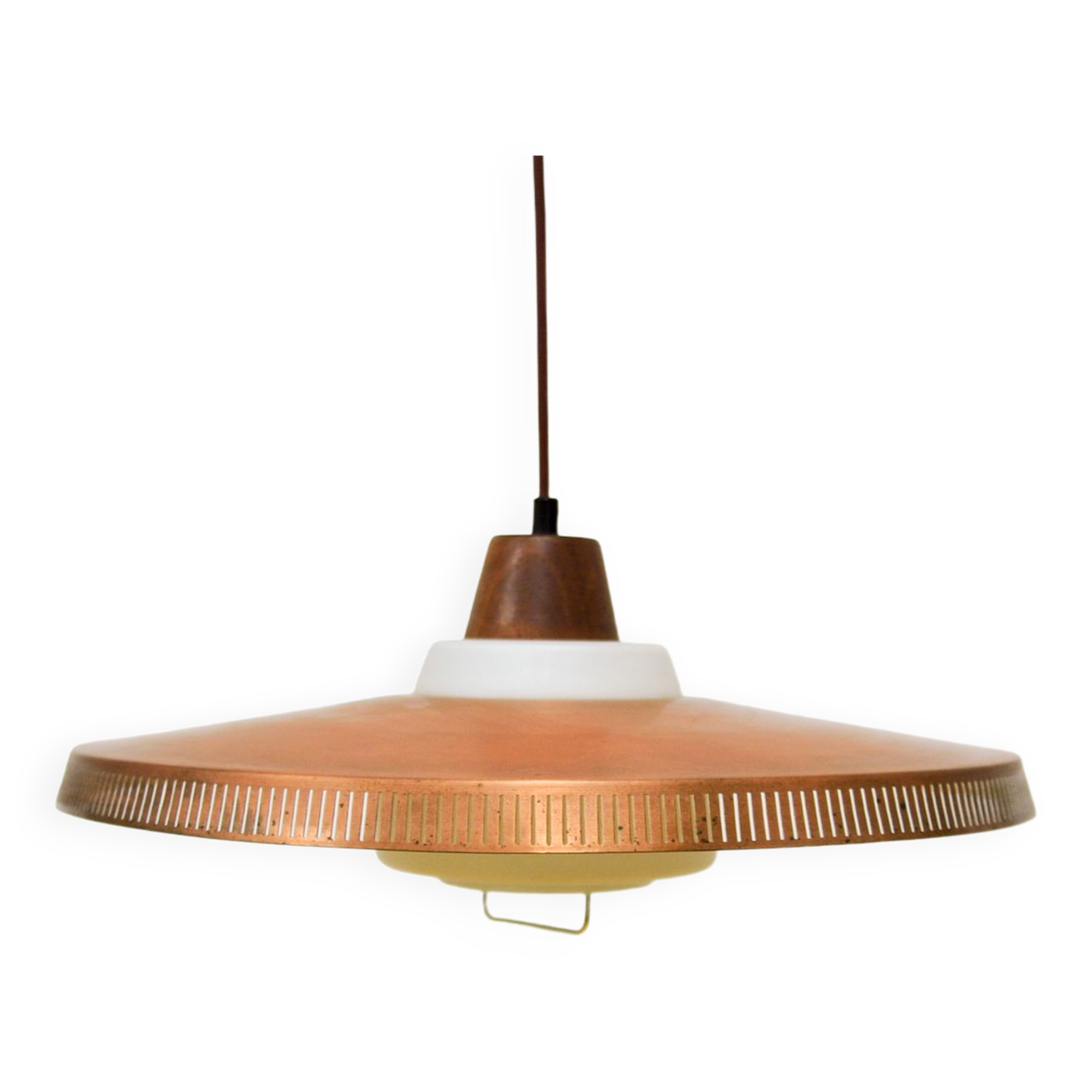 Copper milk glass & teak hanging lamp Bernt Karlby for Lyfa