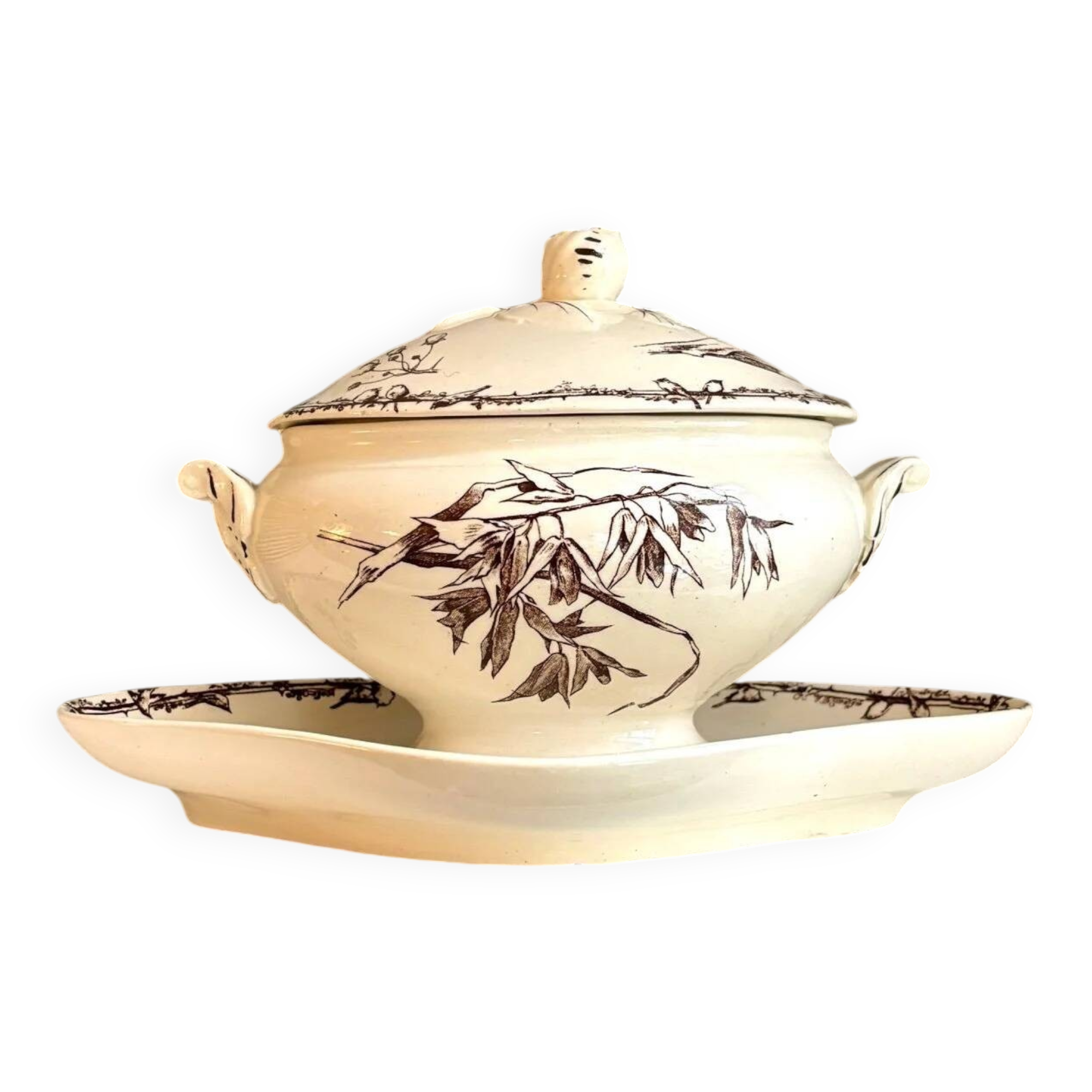 HB & Cie brown ironstone gravy boat with lid