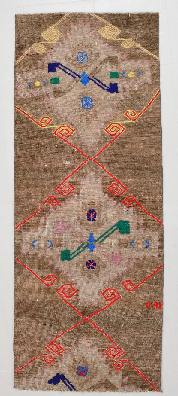 Tapis Couloir Vintage Turc, Marron, Rouge & Bleu Motifs Tribaux Géométrique