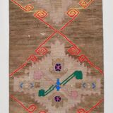 Tapis Couloir Vintage Turc, Marron, Rouge & Bleu Motifs Tribaux Géométrique