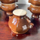 6 vintage Emile Henry lion's head onion soup bowls in ceramic - brown, made in France.
