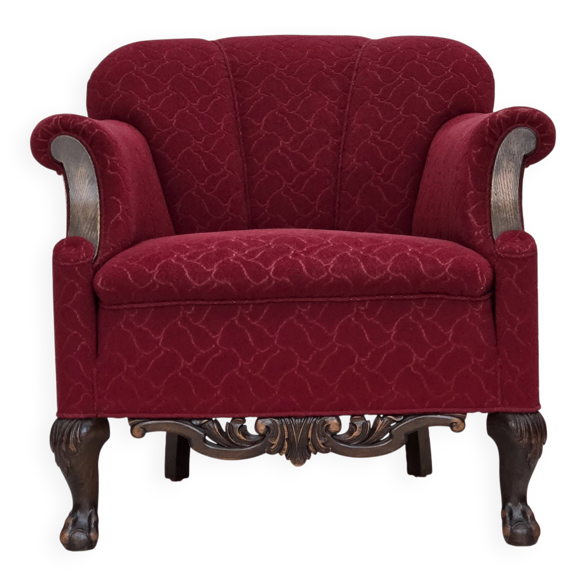 1950s, Danish armchair, red and light grey furniture wool, carved oak wood.