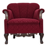 1950s, Danish armchair, red and light grey furniture wool, carved oak wood.