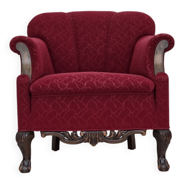 1950s, Danish armchair, red and light grey furniture wool, carved oak wood.