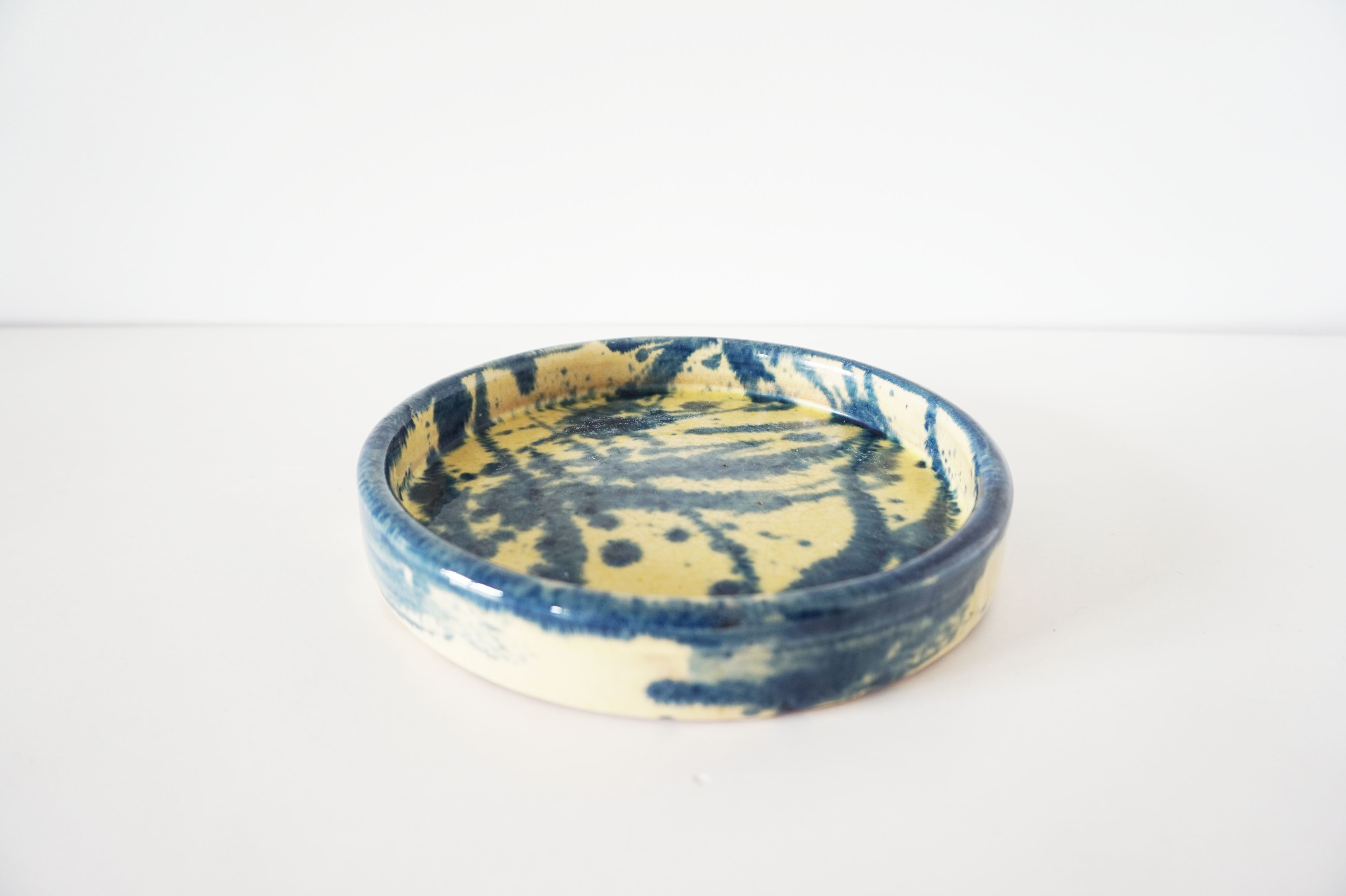 Trinket bowl vintage blue and yellow ceramic