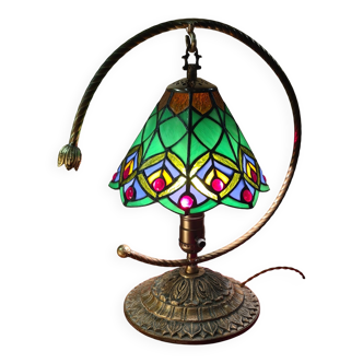 lampe bronze et laiton abat jour verre style tiffany 38x32  inter sur douil